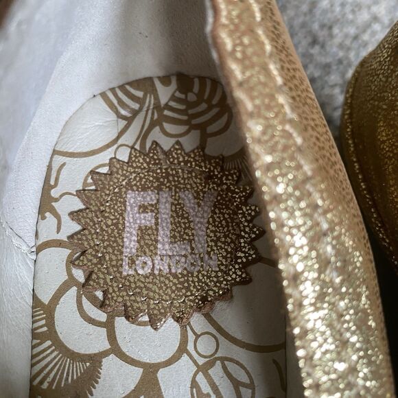 Fly London Yoza Wedge Shoes Women 8-8.5/39 Gold Metallic Fairy Party Comfort - Picture 12 of 13